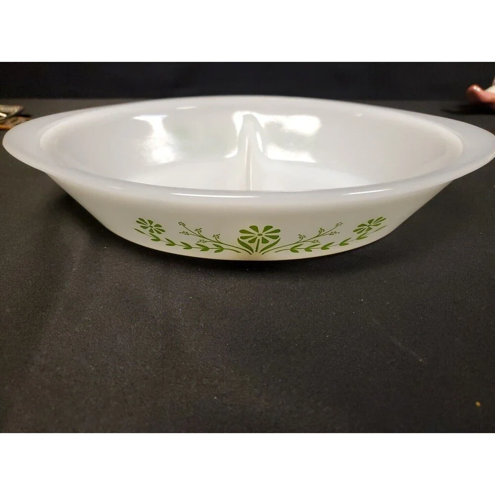 Glasbake Green Daisy J2352 Oval Divided Bakeware Casserole Baking Dish Jeanette